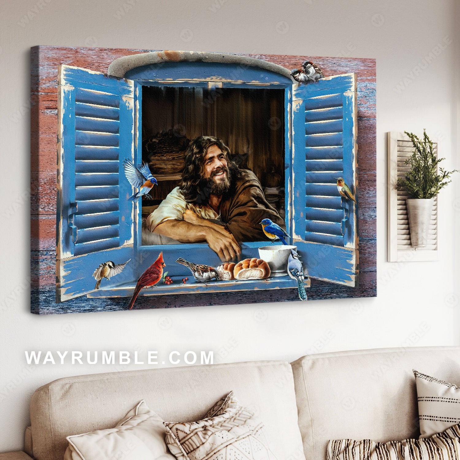 Jesus smile, Feeding bird, Cute birds, Window opening - Jesus Portrait Canvas Prints, Christian Wall Art