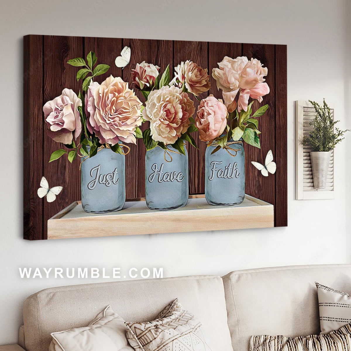 Pink peony, White butterfly, Glass jars, Just have faith - Jesus Landscape Canvas Prints, Christian Wall Art