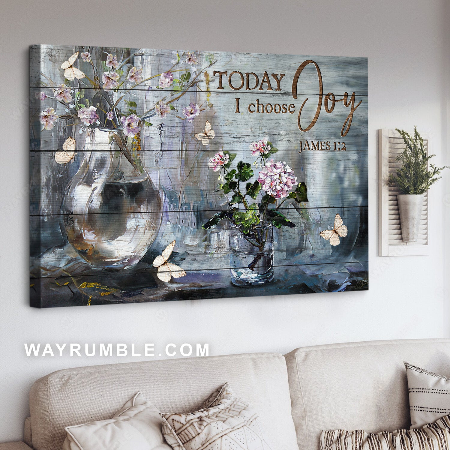 Light purple flower, Still life painting, White butterfly, Today I choose joy - Jesus Landscape Canvas Prints, Home Decor Wall Art