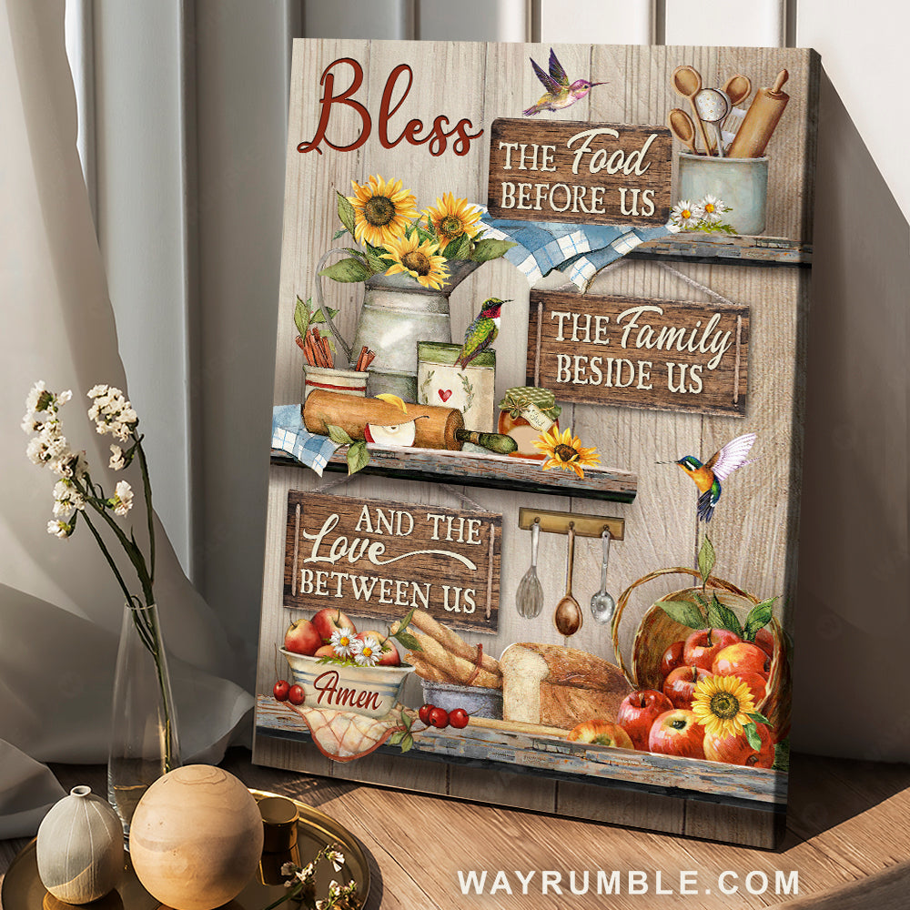 Colorful kitchen, Fresh apple, Hummingbird artwork, Bless the food before us - Jesus Portrait Canvas Prints, Christian Wall Art