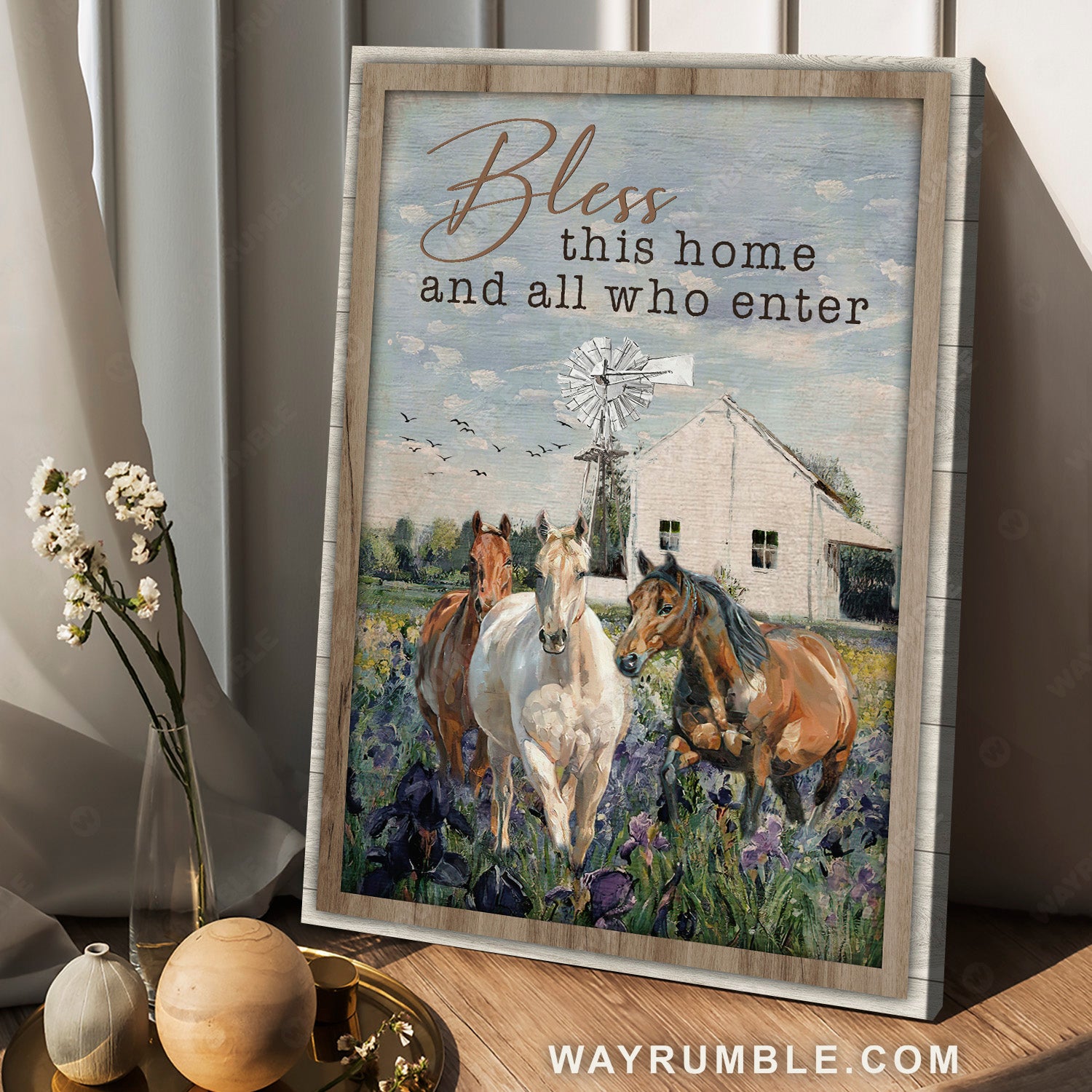 Quarter horses, Purple flower field, Windmill, Bless this home and all who enter - Jesus Portrait Canvas Prints, Christian Wall Art