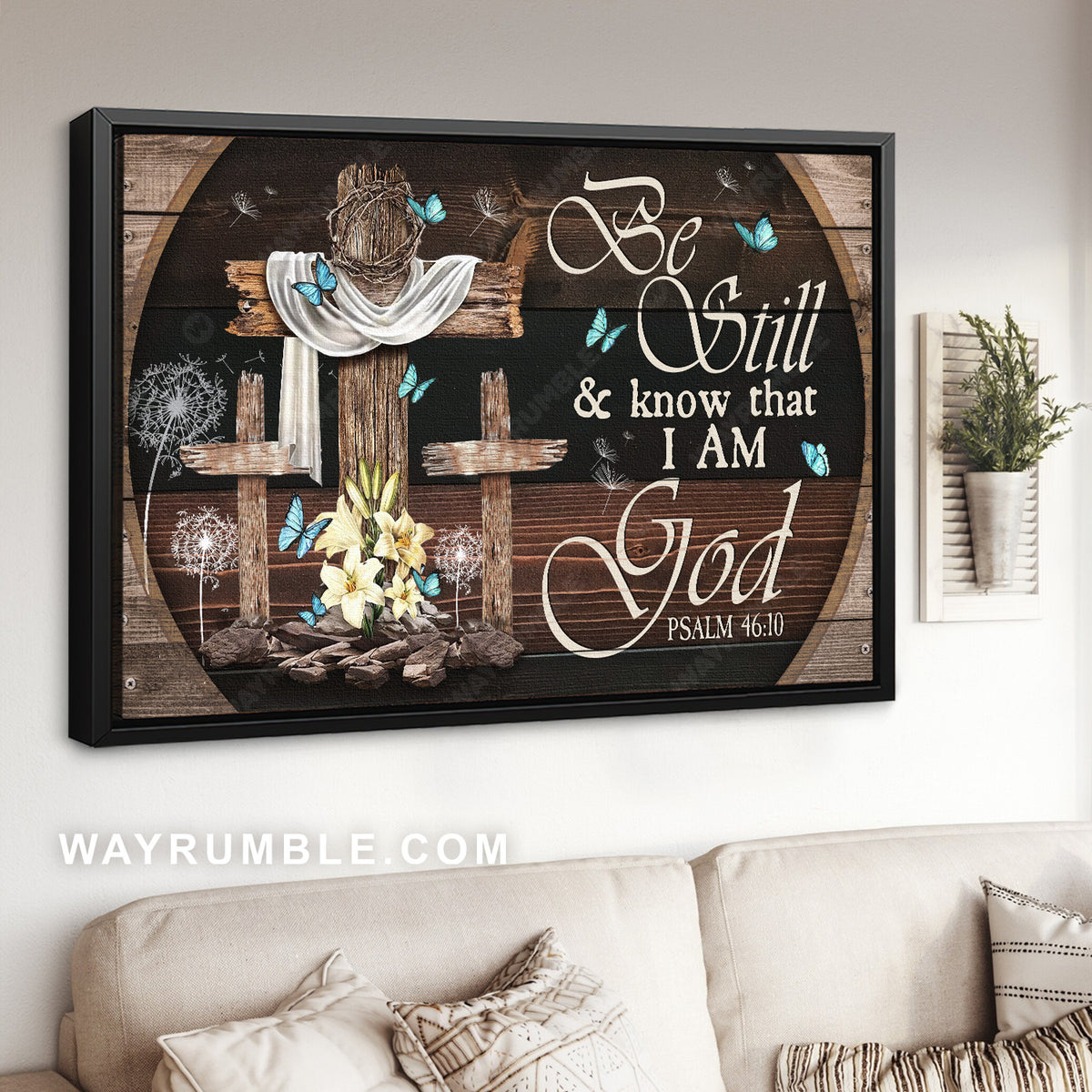 Old cross, Blue butterfly, Beautiful lily, Be still and know that I am God - Jesus Landscape Canvas Prints, Christian Wall Art
