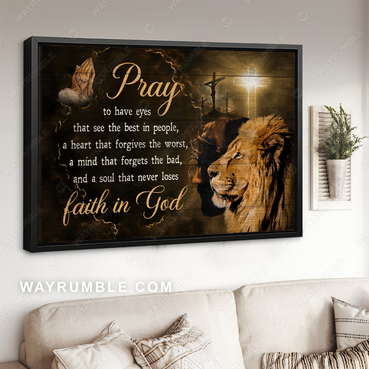 Stunning lion, Light cross, Pray for healing, Never loses faith in God - Jesus Landscape Canvas Prints, Home Decor Wall Art