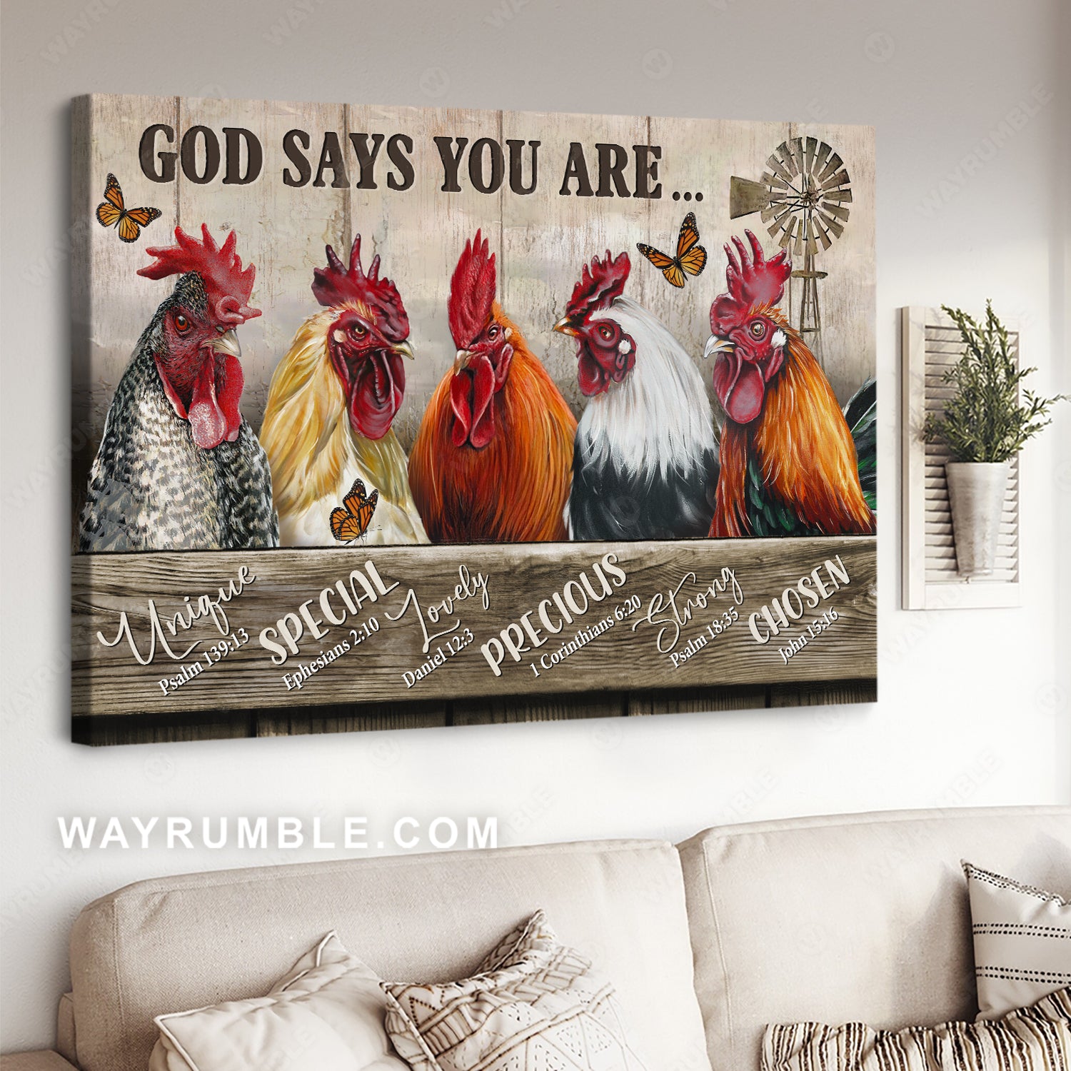Stunning rooster, Chicken farm, Butterfly, God says you are unique - Jesus Landscape Canvas Prints, Christian Wall Art