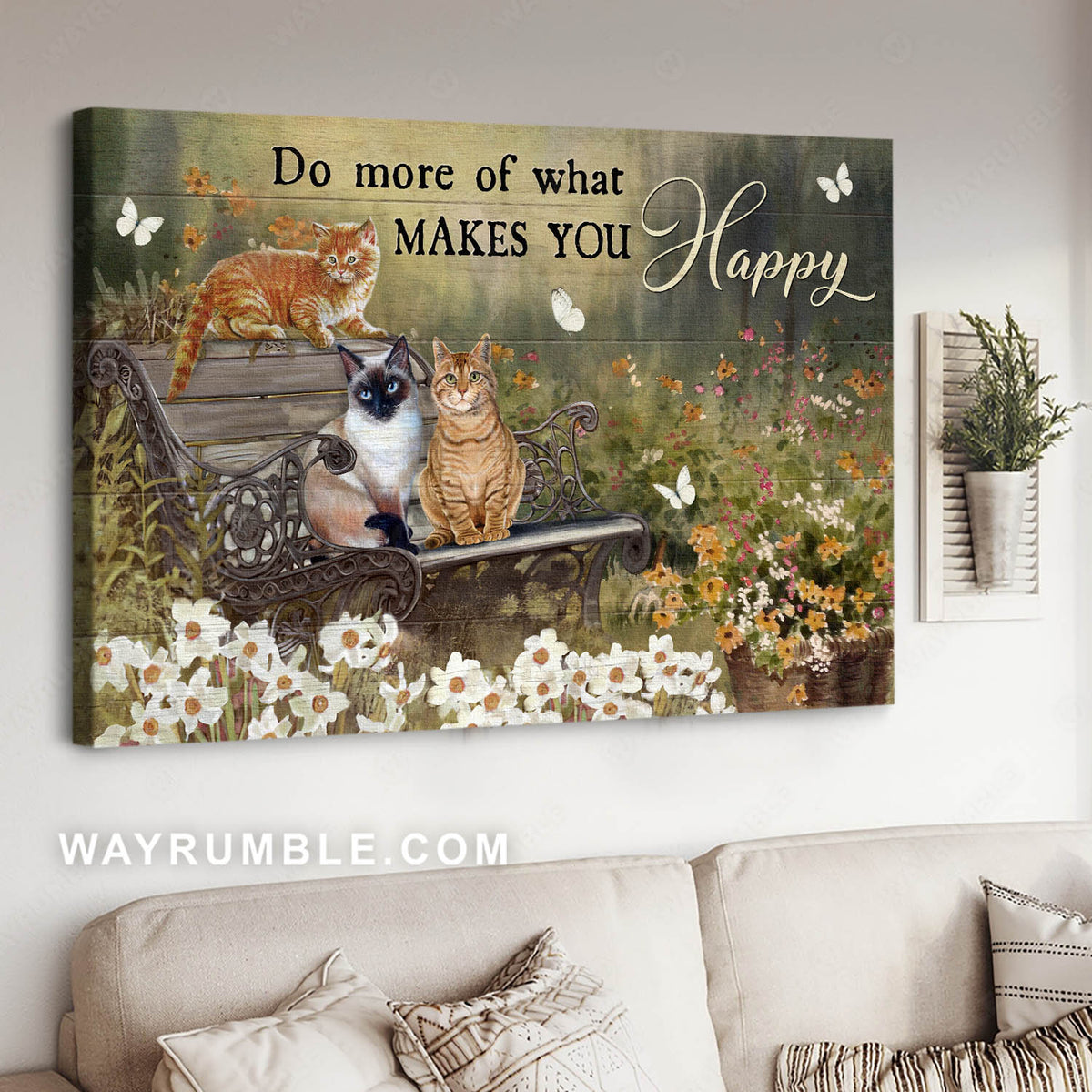Siamese cat, Tabby cat, Flower garden, Park chair, Do more of what makes you happy - Jesus Landscape Canvas Prints, Christian Wall Art
