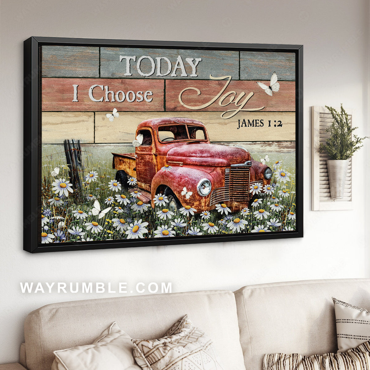 Antique ladybug car, Daisy field, White butterfly, Today I choose joy - Jesus Landscape Canvas Prints, Christian Wall Art