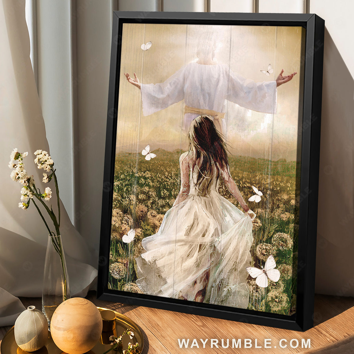 Pretty girl painting, Walking with Jesus, Flower field artwork - Jesus Portrait Canvas Prints, Home Decor Wall Art