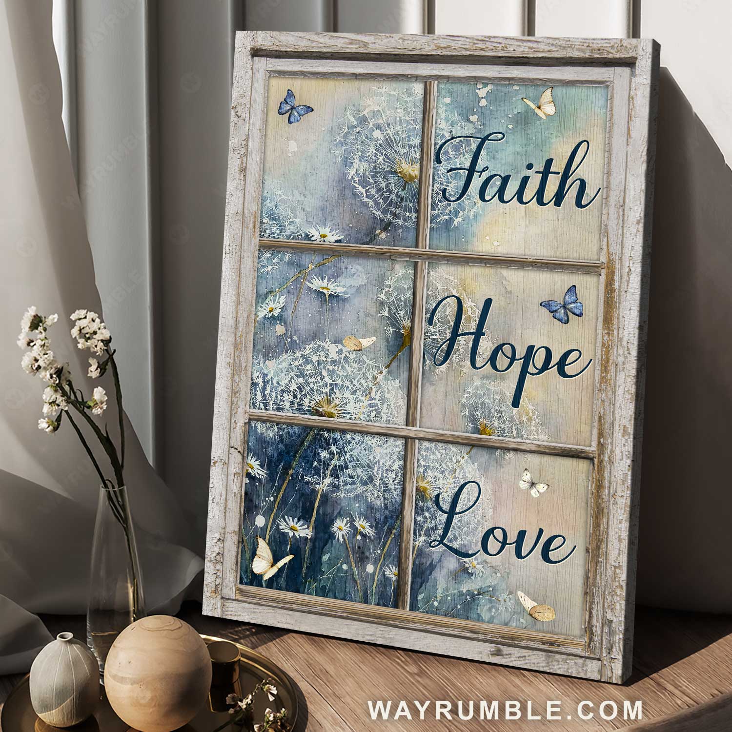 Blue garden, Pretty dandelion, Colorful butterfly, Faith, Hope, Love - Jesus Portrait Canvas Prints, Home Decor Wall Art