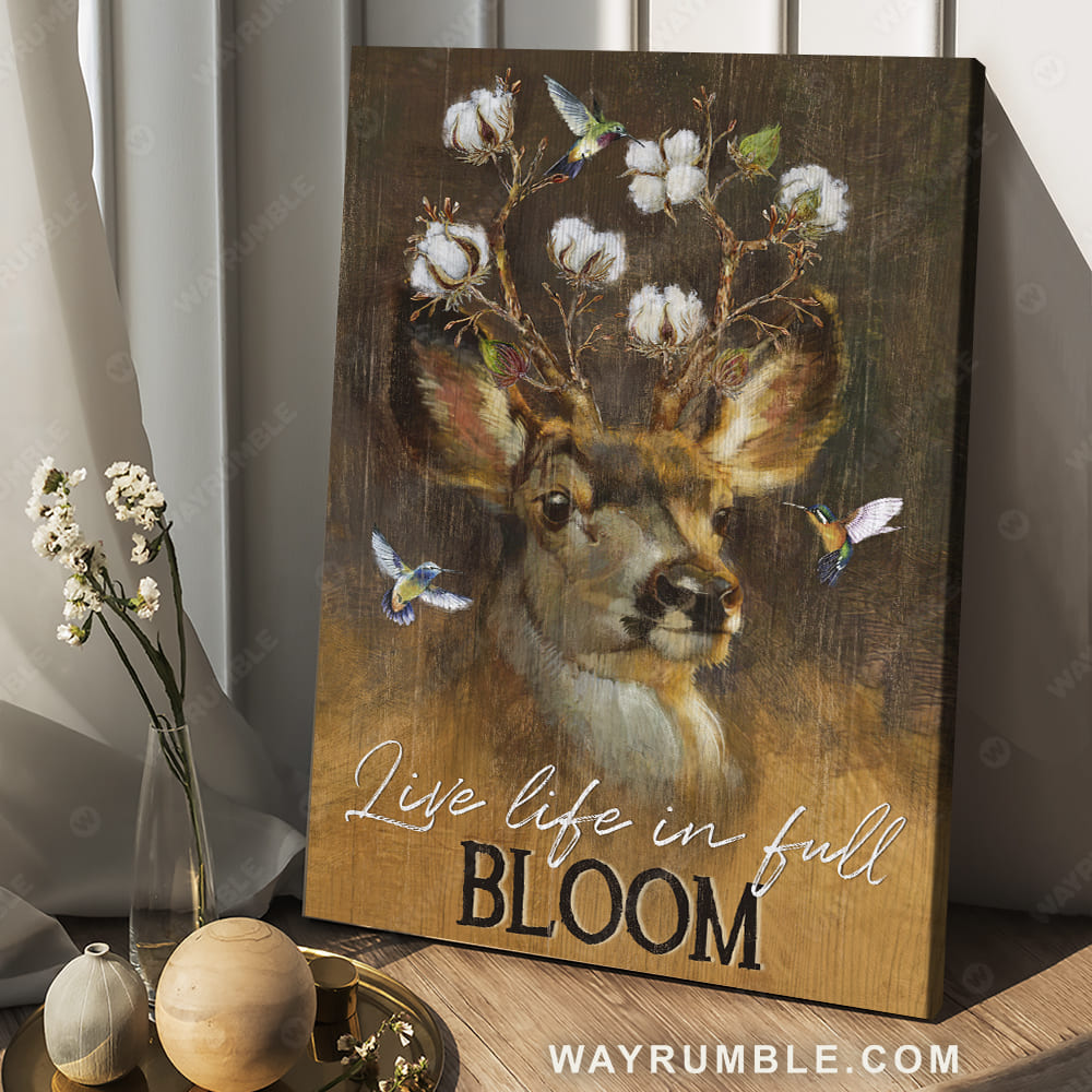 Watercolor deer, Cotton flower crown, Hummingbird, Live life in full bloom - Jesus Portrait Canvas Prints, Christian Wall Art