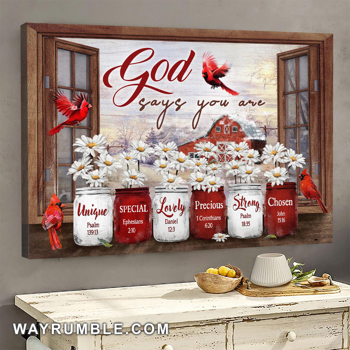 Window frame, Daisy flower, Barn house painting, God says you are - Jesus Landscape Canvas Prints, Wall Art