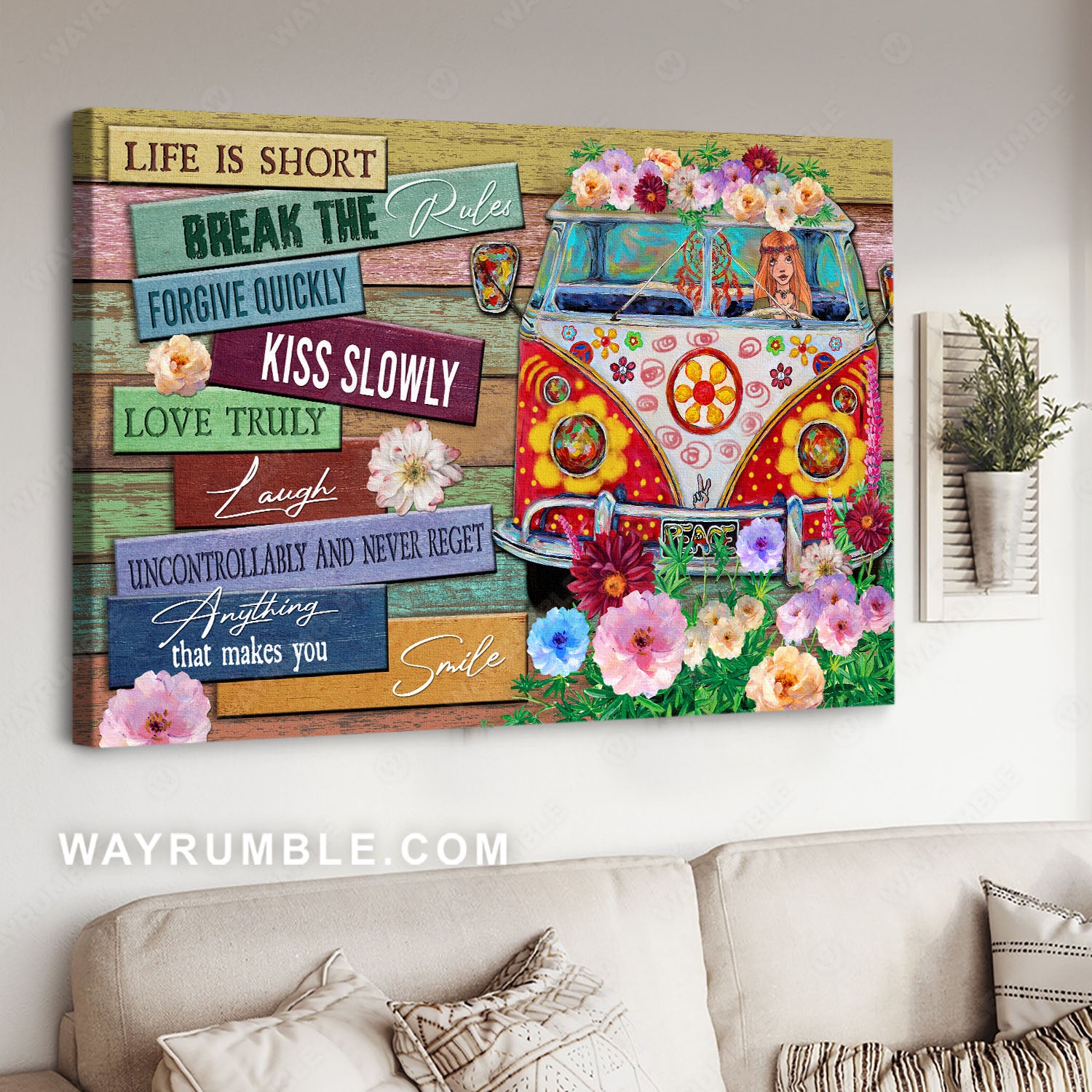 Hippie van, Hippie girl, Colorful flowers, Life is short - Jesus Landscape Canvas Prints, Christian Wall Art