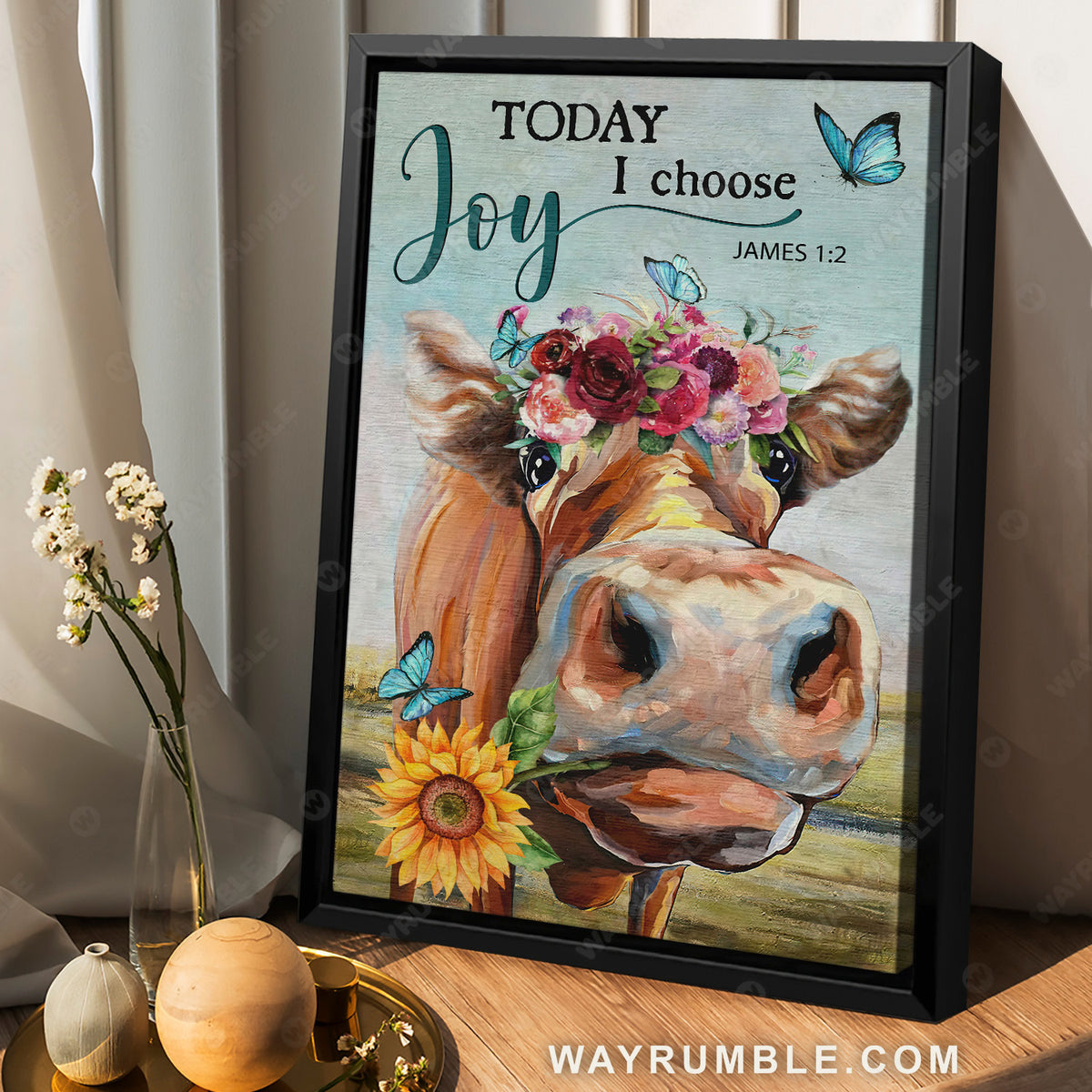 Watercolor cow, Flower wreath, Green meadow, Today I choose joy - Jesus Portrait Canvas Prints, Christian Wall Art