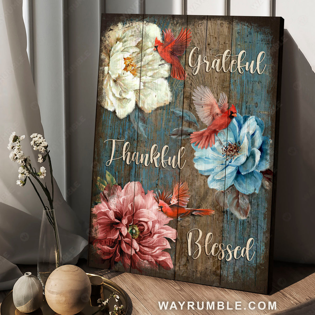 Beautiful camellia, Northern cardinal, Grateful, Thankful, Blessed - Jesus Portrait Canvas Prints, Christian Wall Art