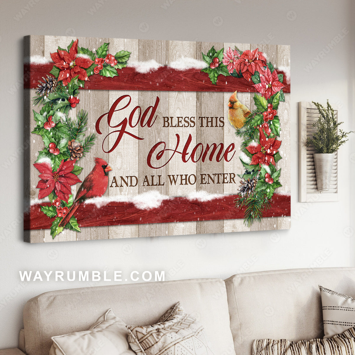 Christmas vibe, Cardinal drawing, Poinsettia flower frame, God bless this home - Jesus Landscape Canvas Prints, Christmas Wall Art