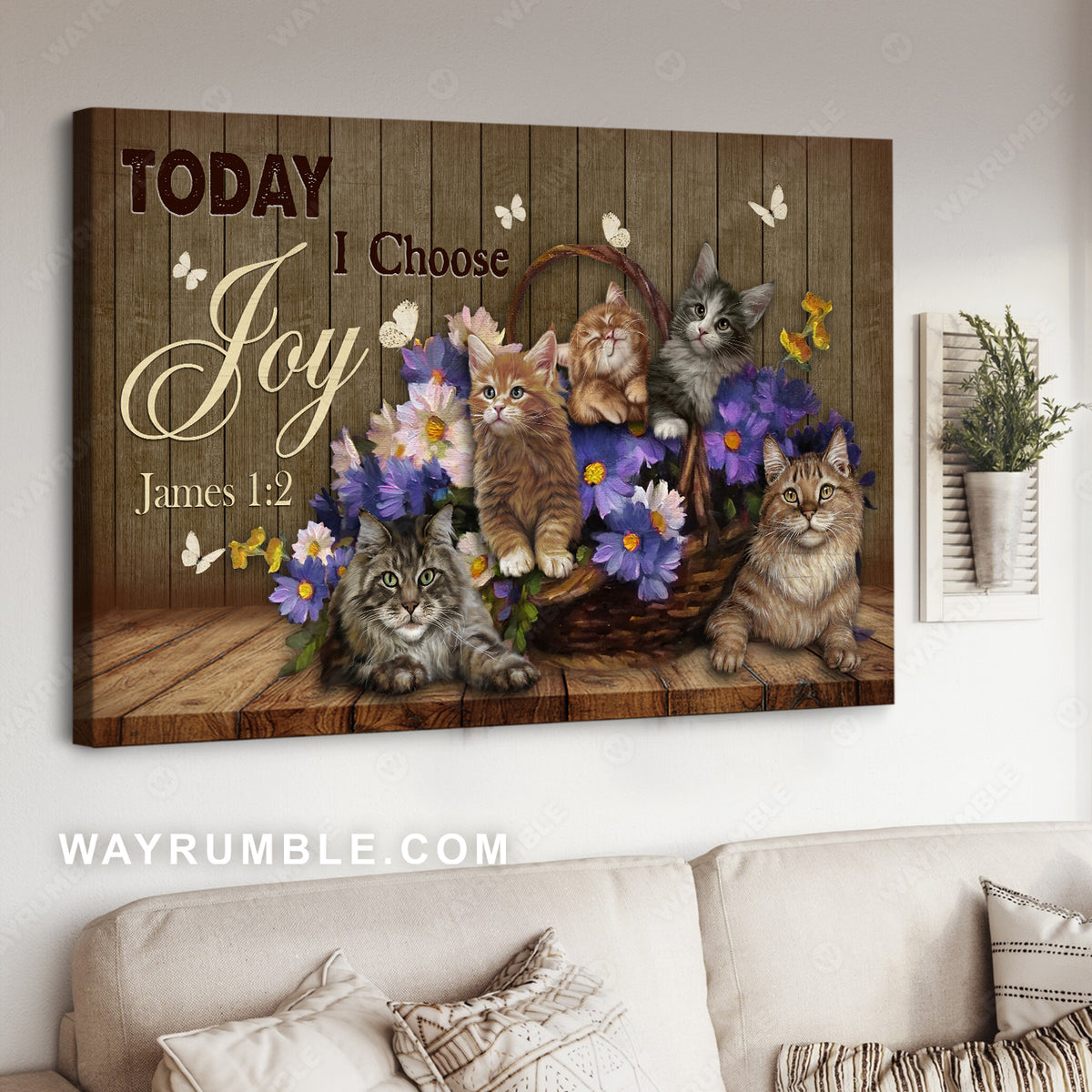 Little cat drawing, Violet flower, Pretty butterfly, Today I choose joy - Jesus Landscape Canvas Prints, Christian Wall Art