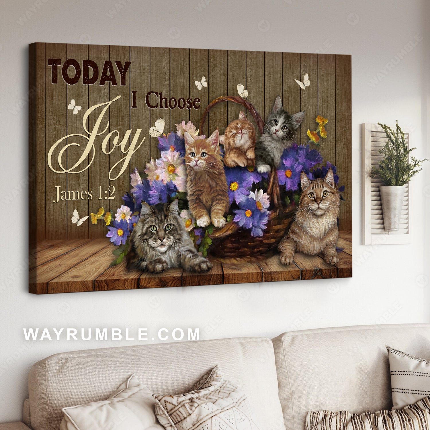 Little cat drawing, Violet flower, Pretty butterfly, Today I choose joy - Jesus Landscape Canvas Prints, Christian Wall Art