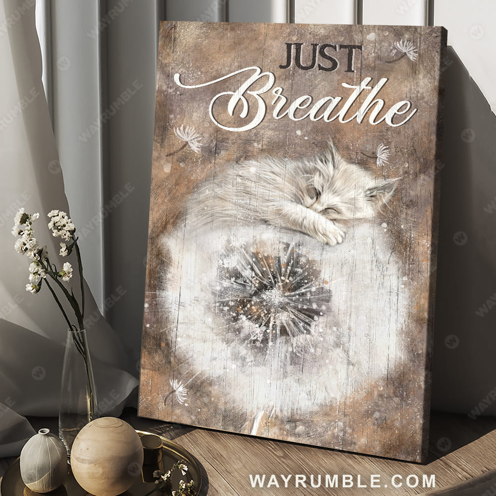 Cute white cat, Big dandelion drawing, Just breathe - Jesus Portrait Canvas Prints, Christian Wall Art