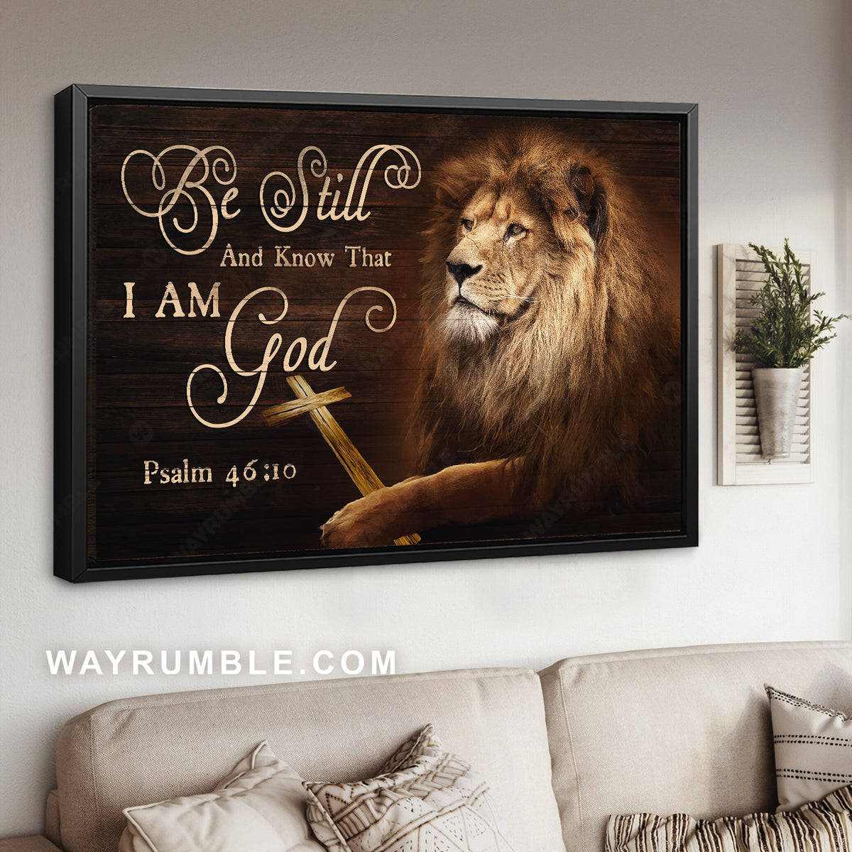 Lion painting, The king and the holy cross, Lion of Judah, Be still and know that I am God - Jesus Landscape Canvas Prints, Christian Wall Art