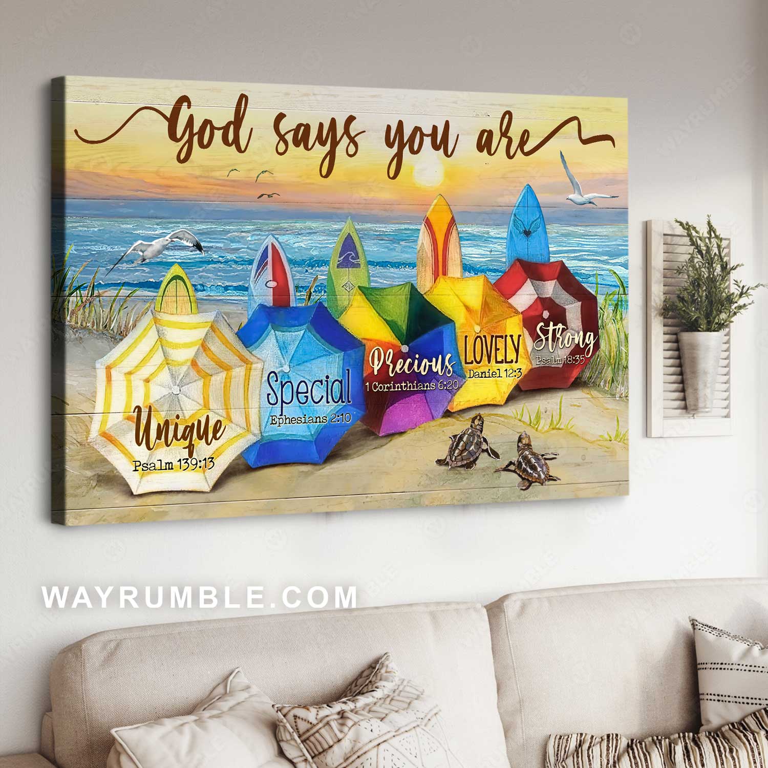 Colorful beach, Umbrella drawing, Pretty sunset, God says you are unique - Jesus Landscape Canvas Prints, Home Decor Wall Art