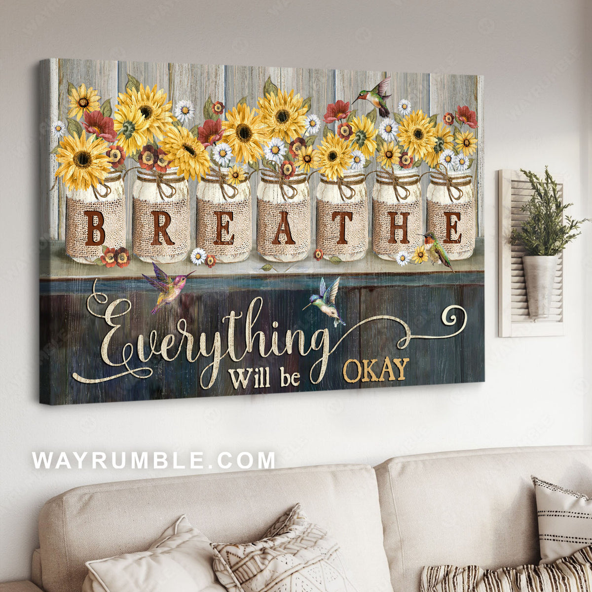 Yellow gerbera daisy, Mason jar flowers, Hummingbirds, Everything will be okay - Jesus Landscape Canvas Prints, Christian Wall Art
