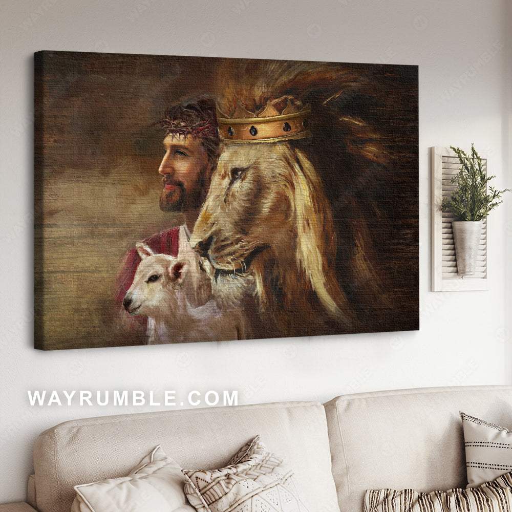 Amazing Jesus painting, Lion artwork, Watercolor lamb, Unique crown - Jesus Landscape Canvas Prints, Christian Wall Art