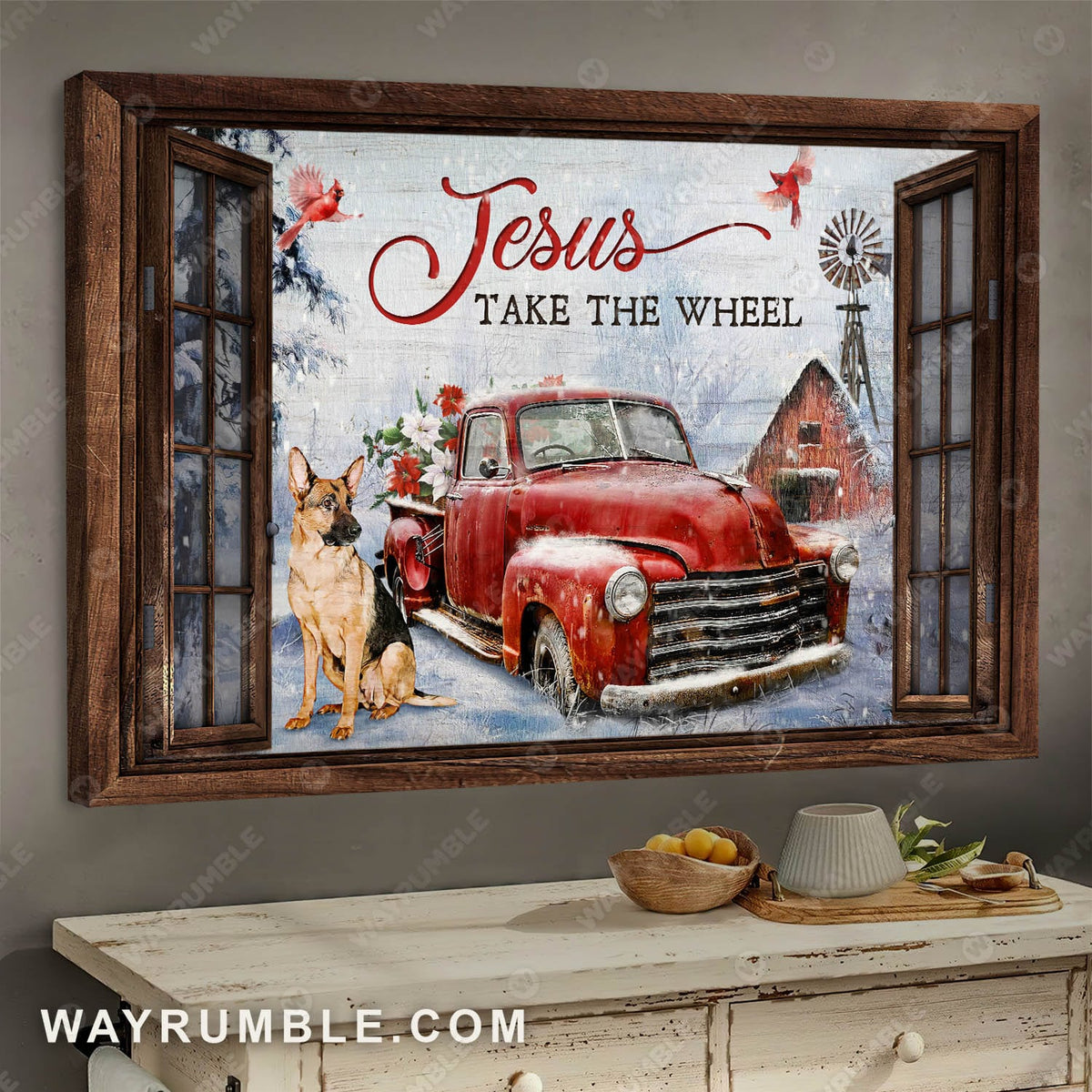 Vintage car, Poinsettia flower, German shepherd dog, Jesus take the wheel - Jesus Landscape Canvas Prints, Wall Art