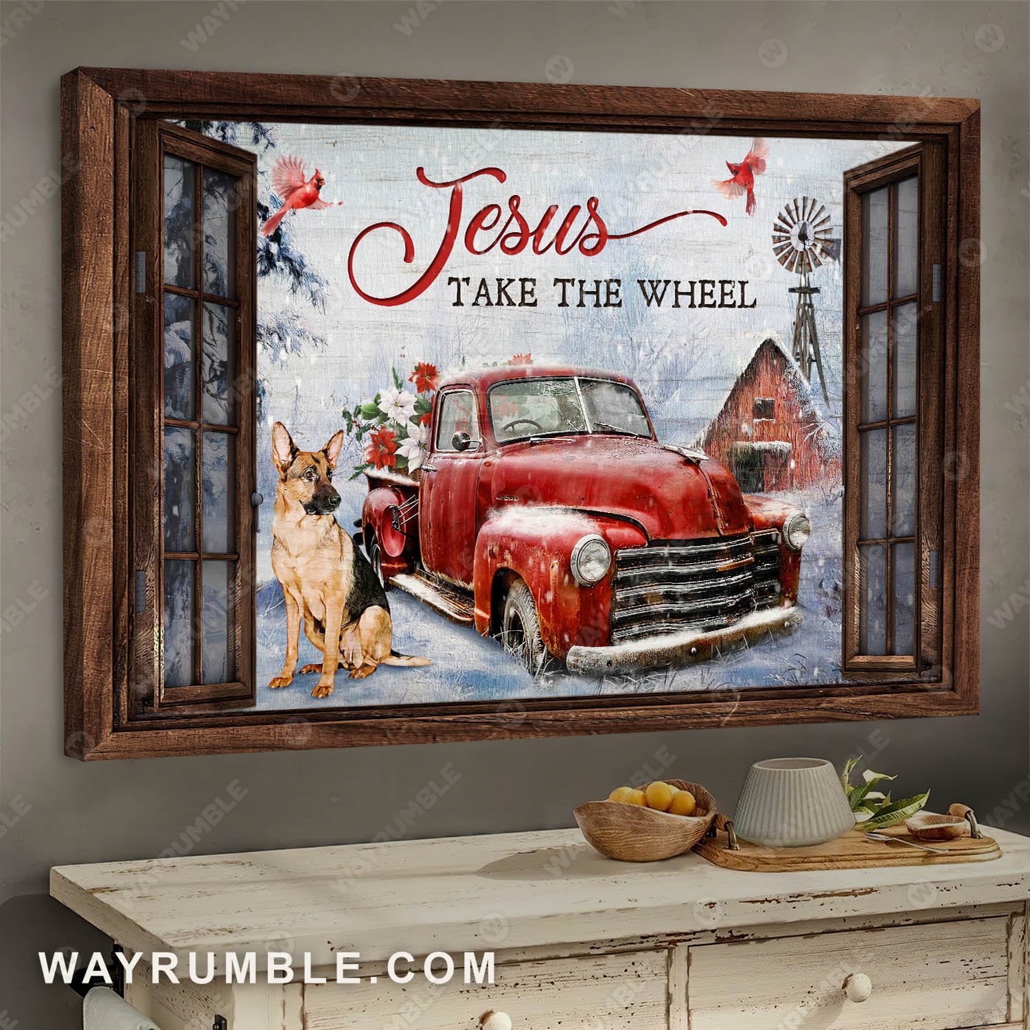 Vintage car, Poinsettia flower, German shepherd dog, Jesus take the wheel - Jesus Landscape Canvas Prints, Wall Art
