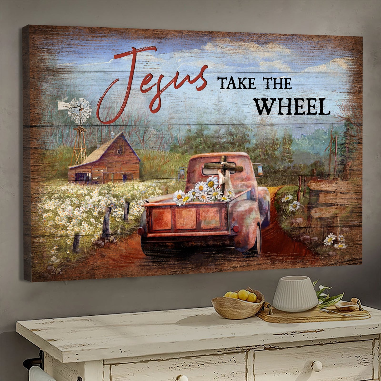 Truck painting, Daisy garden, Wooden house, Jesus take the wheel - Jesus Landscape Canvas Prints, Wall Art