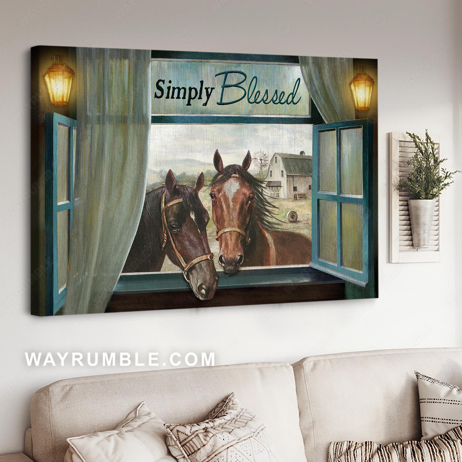 Horses drawing, Farm land, Thru the window, Simply blessed - Jesus Landscape Canvas Prints, Christian Wall Art