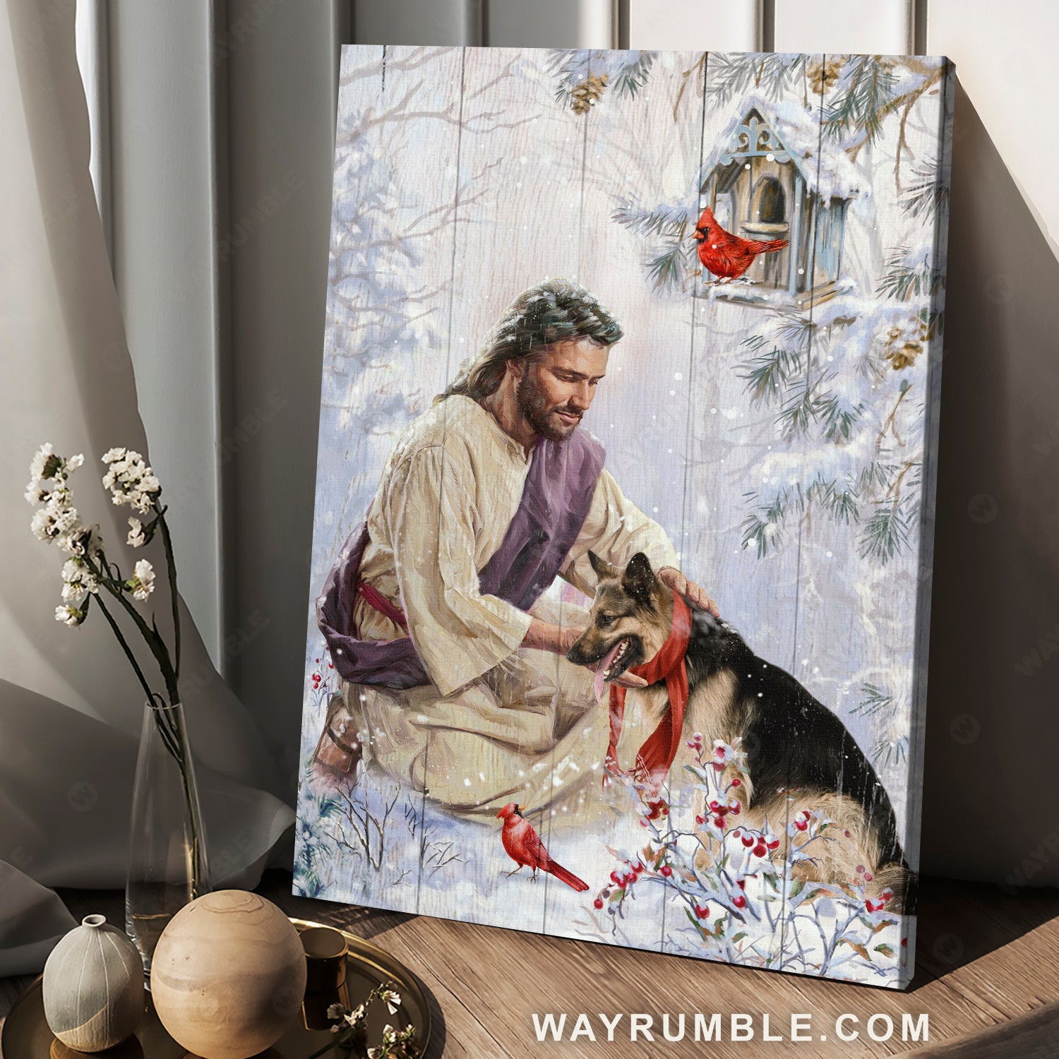 Frozen cranberry forest, German Shepherd dog, Walking with Jesus - Jesus Portrait Canvas Prints, Home Decor Wall Art