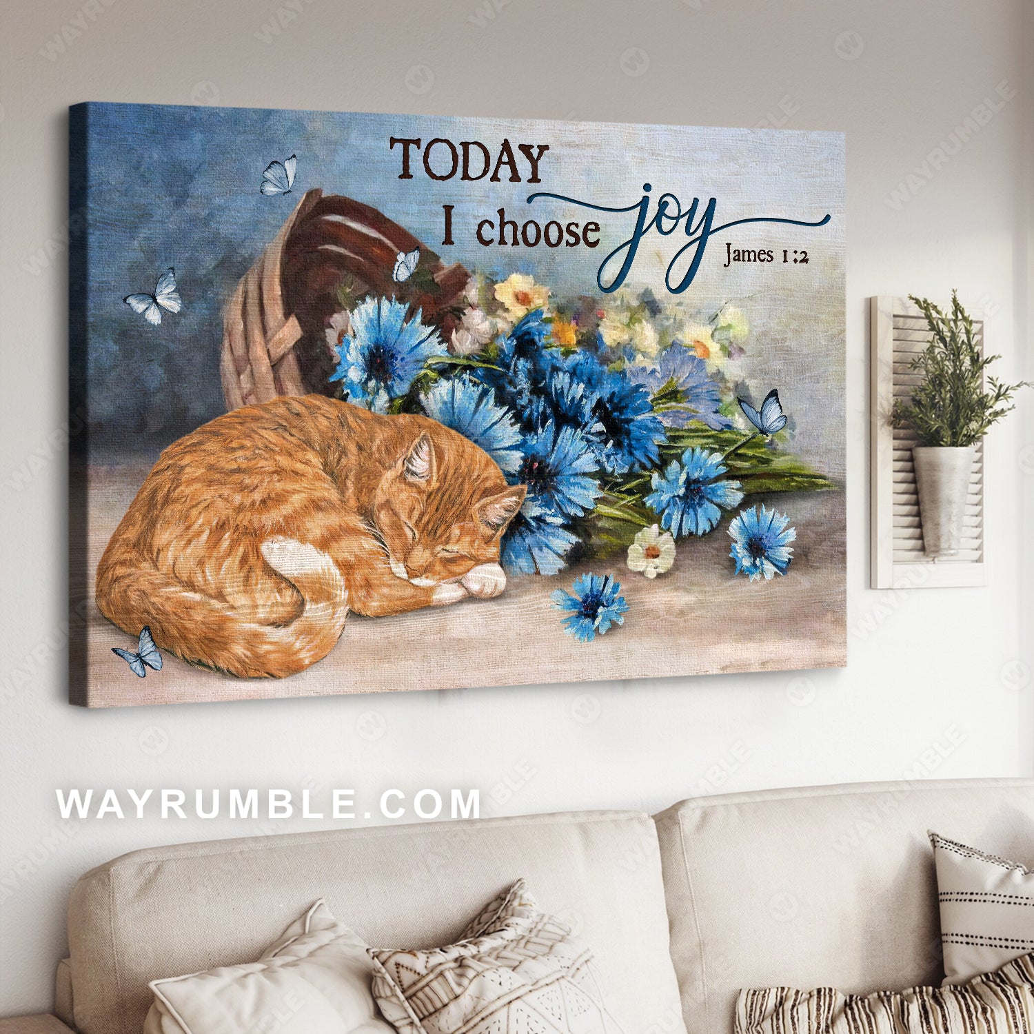 Sleeping cat, Blue flower, Pretty butterfly, Today I choose joy - Jesus Landscape Canvas Prints, Living Room Wall Art