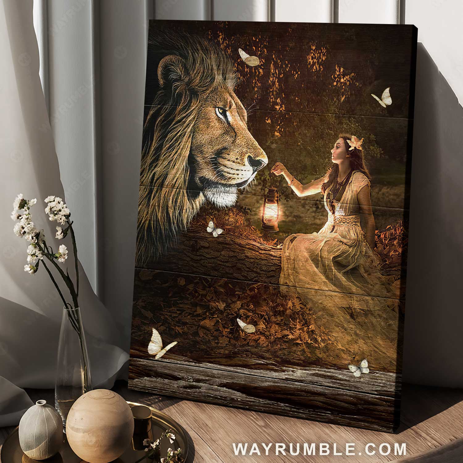 Lion of Judah, Pretty girl, Vintage lantern, White butterfly - Jesus Portrait Canvas Prints, Christian Wall Art