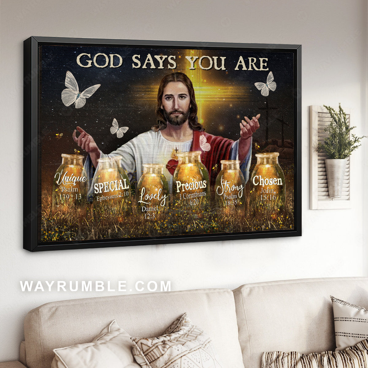 The real face of Jesus, Pretty firefly, Crystal butterfly, God says you are unique - Jesus Landscape Canvas Prints, Christian Wall Art
