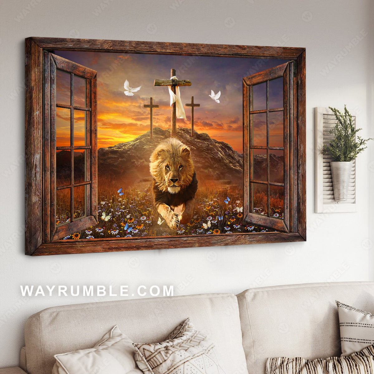 Lion of Judah, Window frame, Sunset painting, The three crosses - Jesus Landscape Canvas Prints, Christian Wall Art