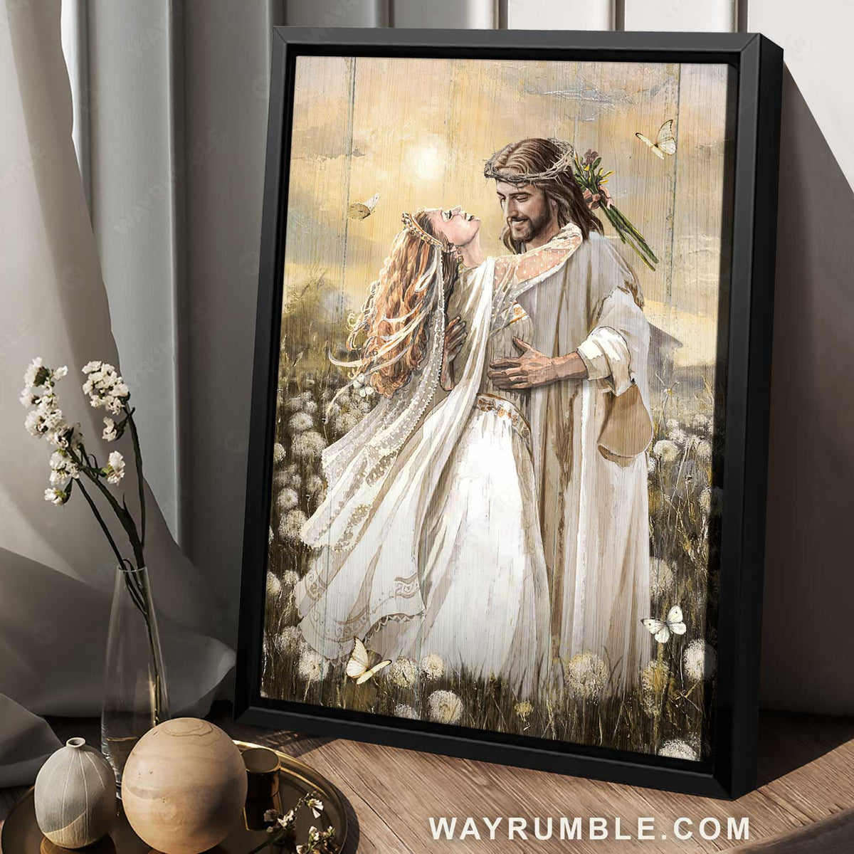 Wedding dress, Sunny day, Dandelion field, Dancing with Jesus - Jesus Portrait Canvas Prints, Home Decor Wall Art