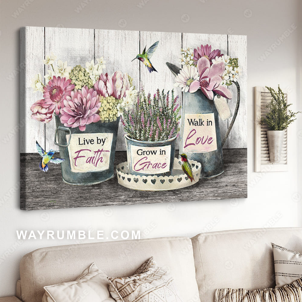 Light pink flower, Lavender drawing, Hummingbird, Live by faith - Jesus Landscape Canvas Prints, Christian Wall Art
