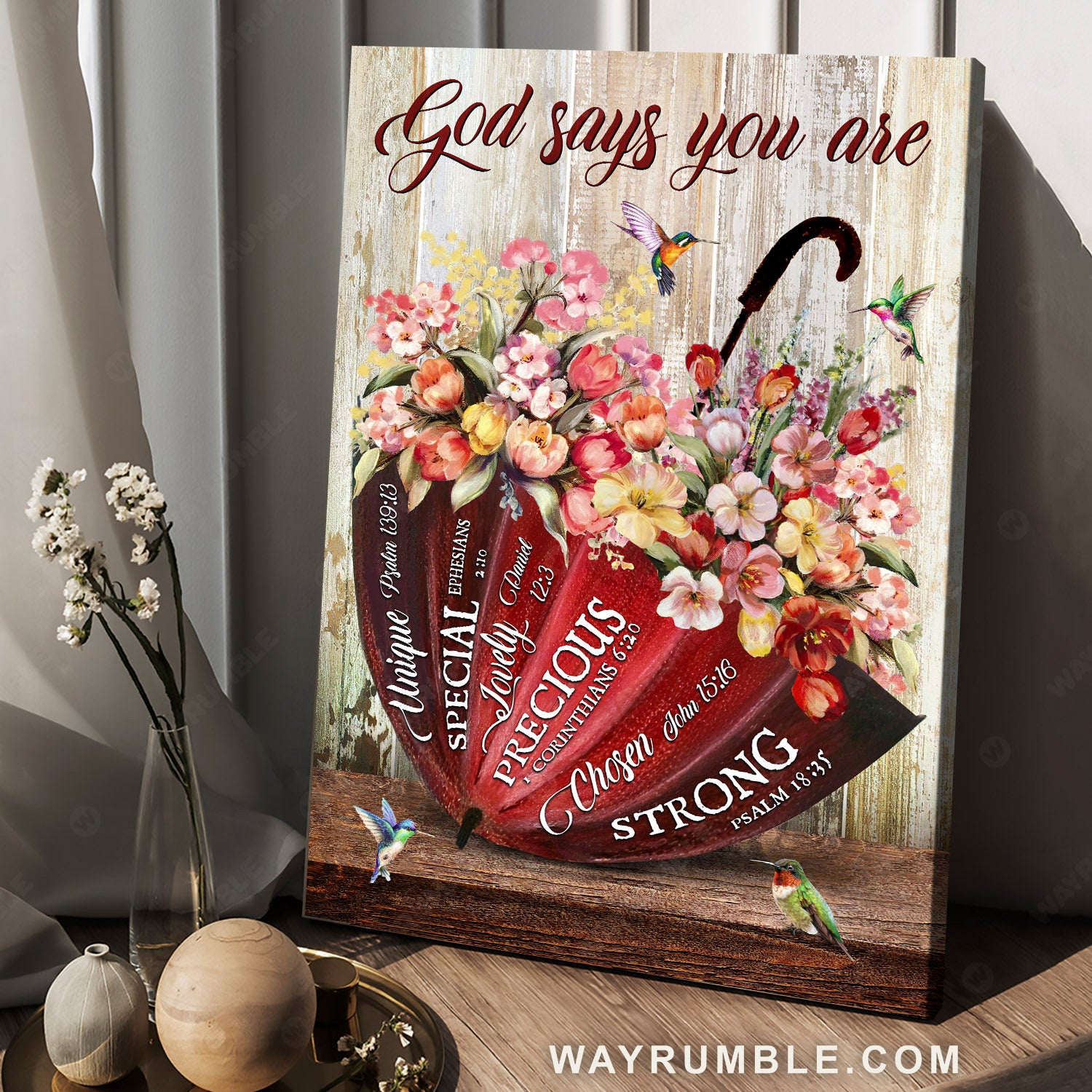 Colorful flowers, Red umbrella, God says you are unique - Jesus Portrait Canvas Prints, Christian Wall Art