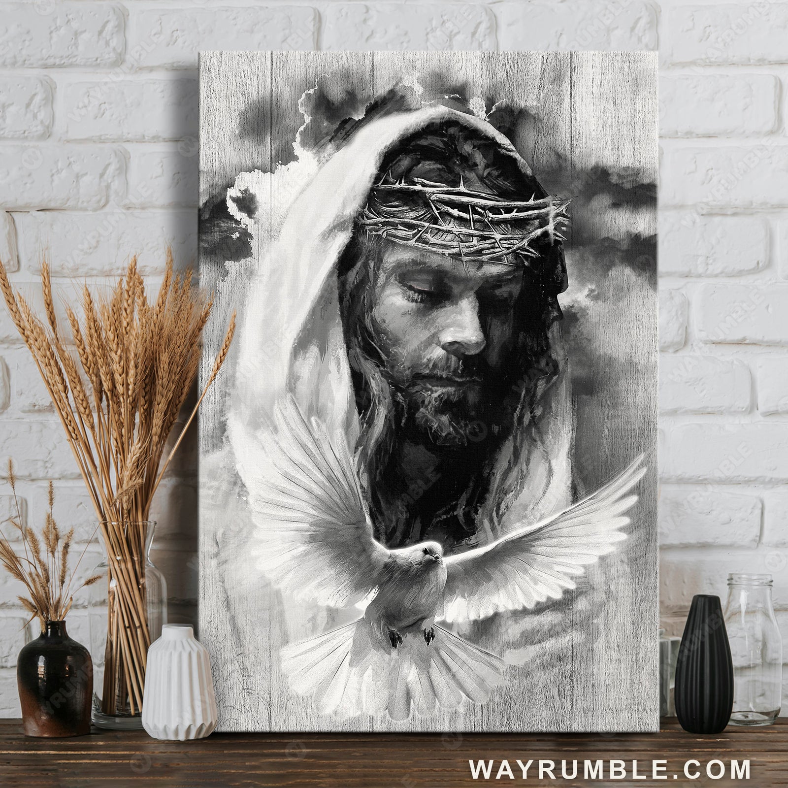 Jesus Christ, Crown of thorns, White dove, Black and white - Jesus Portrait Canvas Prints, Christian Wall Art