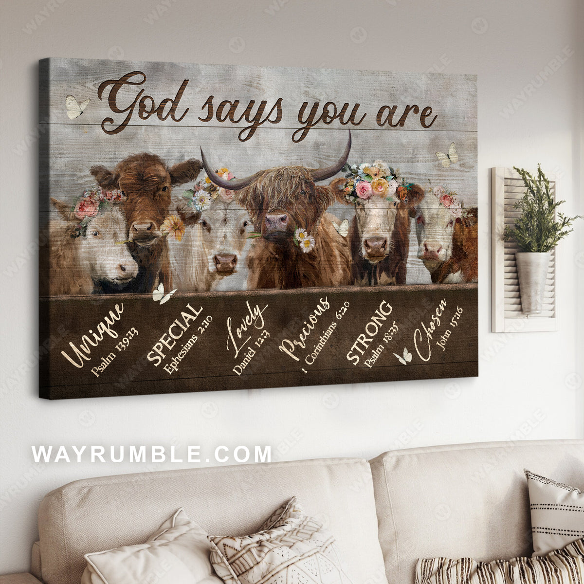 Unique cow, Flower wreath, White butterfly, God says you are unique - Jesus Landscape Canvas Prints, Home Decor Wall Art