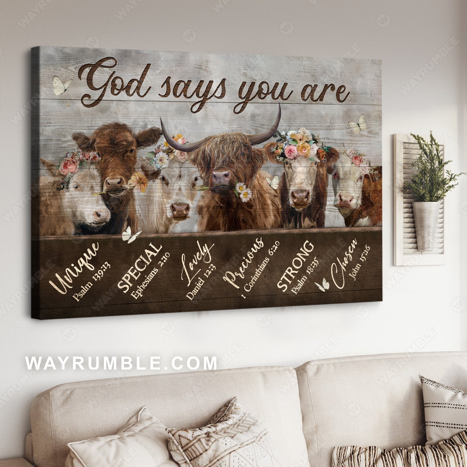 Unique cow, Flower wreath, White butterfly, God says you are unique - Jesus Landscape Canvas Prints, Home Decor Wall Art