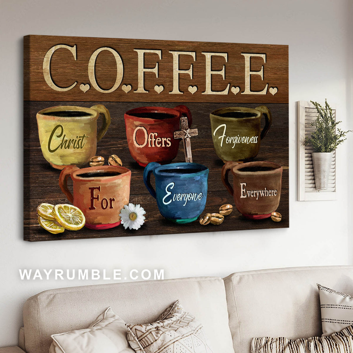 Coffee cups, Coffee beans, Lemon slice, Christ offers forgiveness - Jesus Landscape Canvas Prints, Christian Wall Art