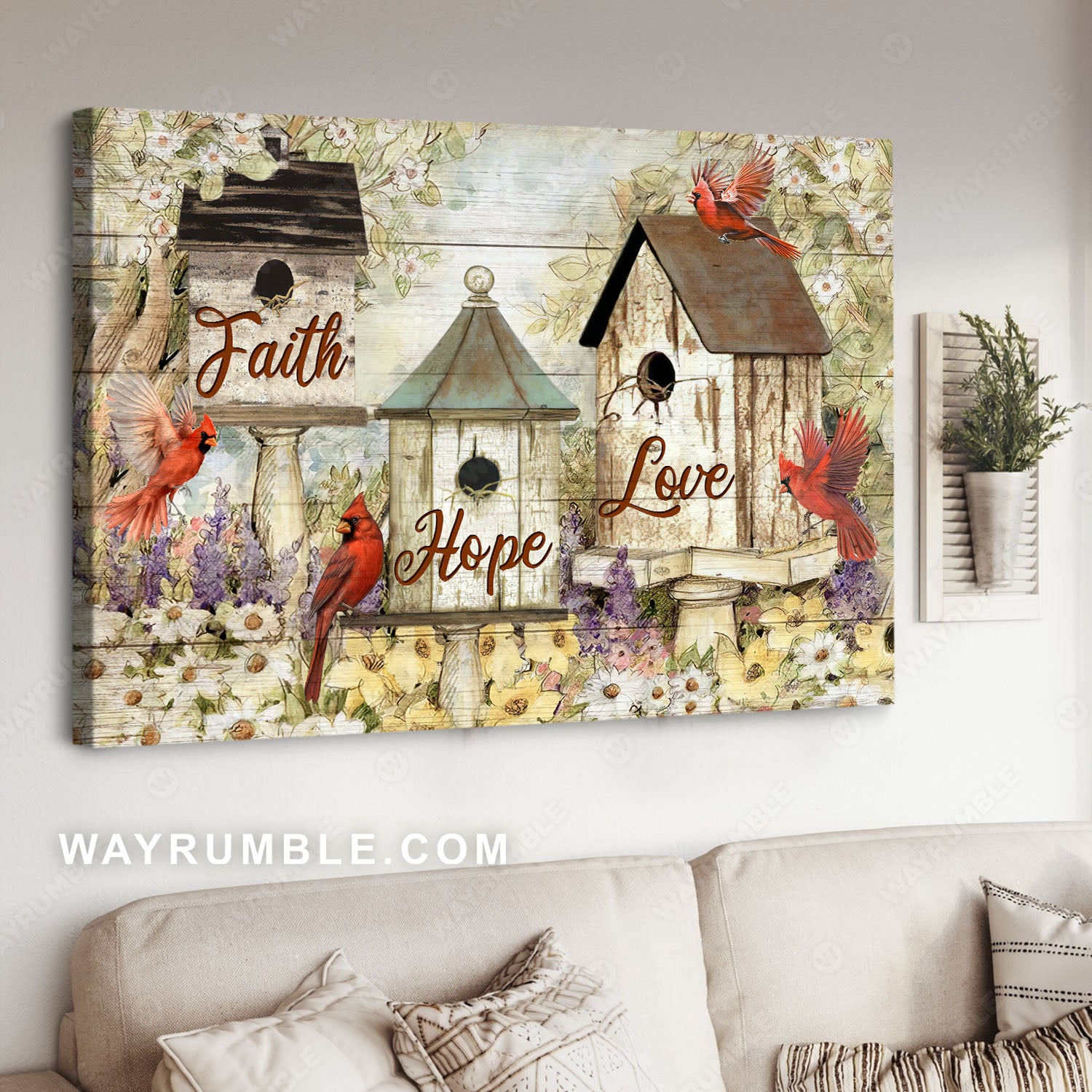 Red cardinals, Bird house, Flower garden, Faith hope love - Jesus Landscape Canvas Prints, Christian Wall Art