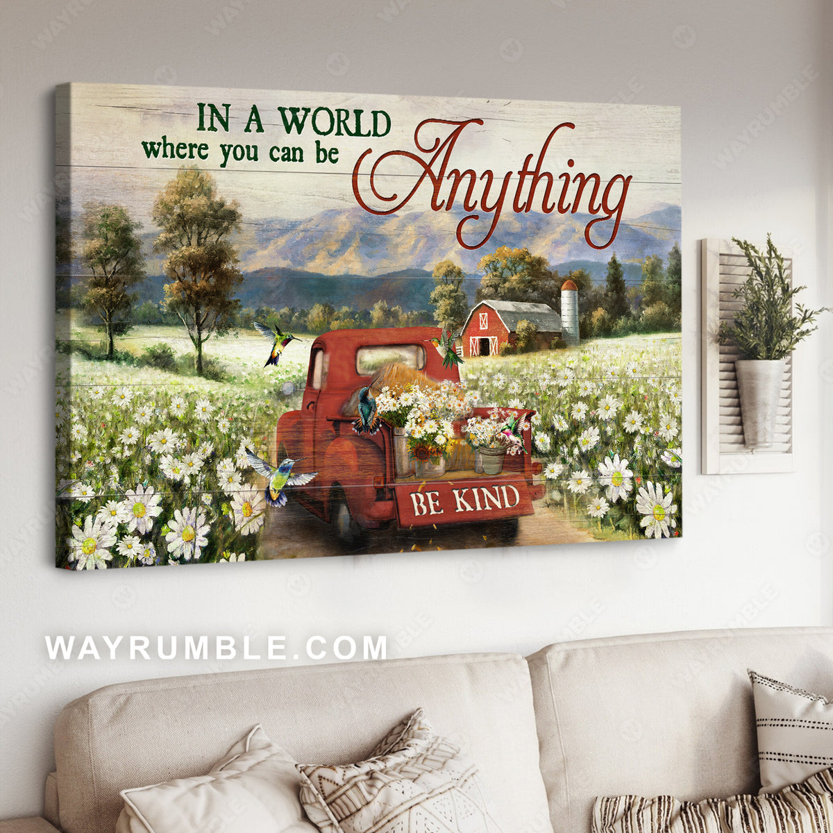 Pretty daisy field, Red ladybug car, Peace farm, In a world where you can be anything - Jesus Landscape Canvas Prints, Christian Wall Art
