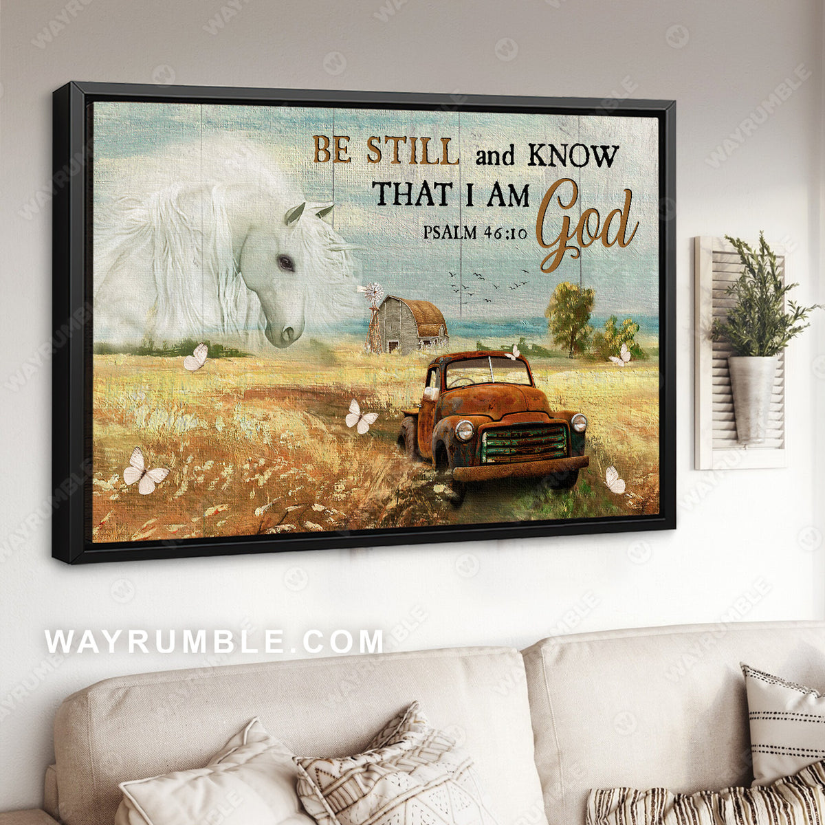 White horse, Ladybug car, Rice field, Be still and know that I am God - Jesus Landscape Canvas Prints, Christian Wall Art