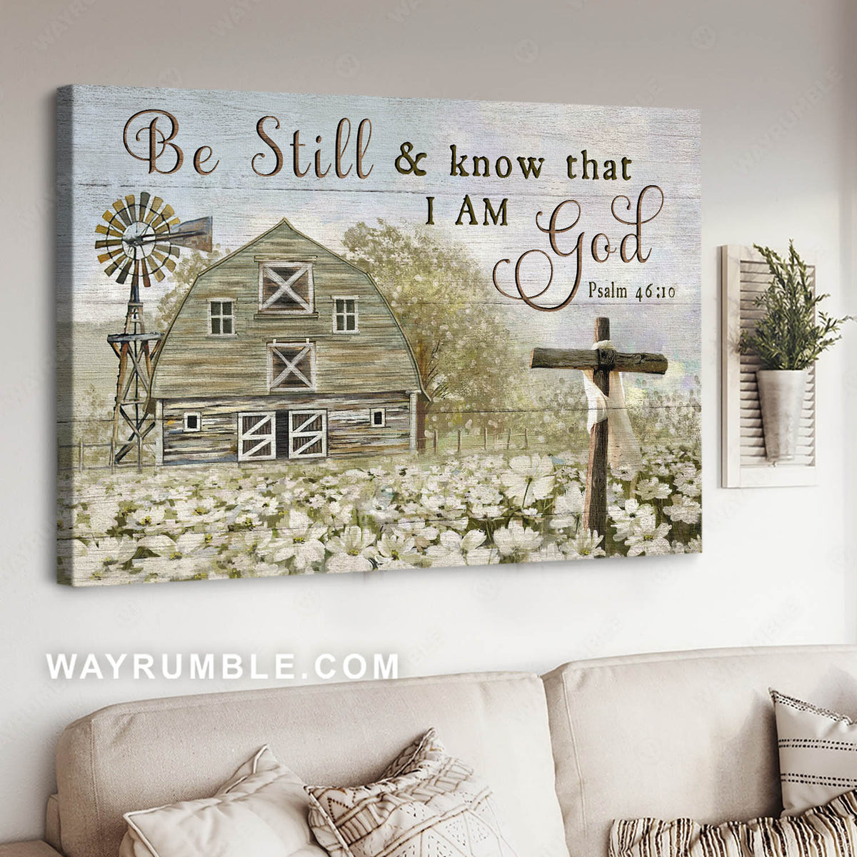 White azalea, Storage house, Wooden cross, Be still I am God - Jesus Landscape Canvas Prints, Christian Wall Art