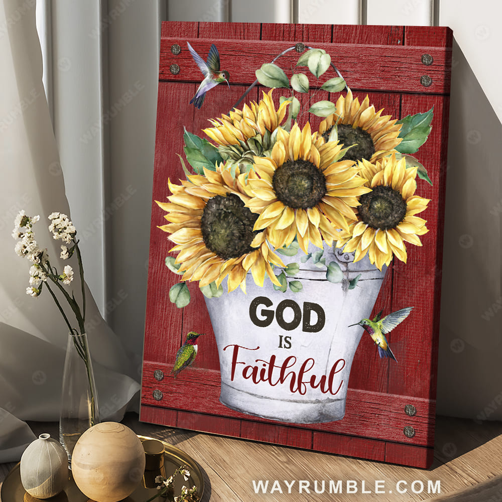 Big sunflower, Red background, Colorful hummingbird, God is faithful - Jesus Portrait Canvas Prints, Christian Wall Art