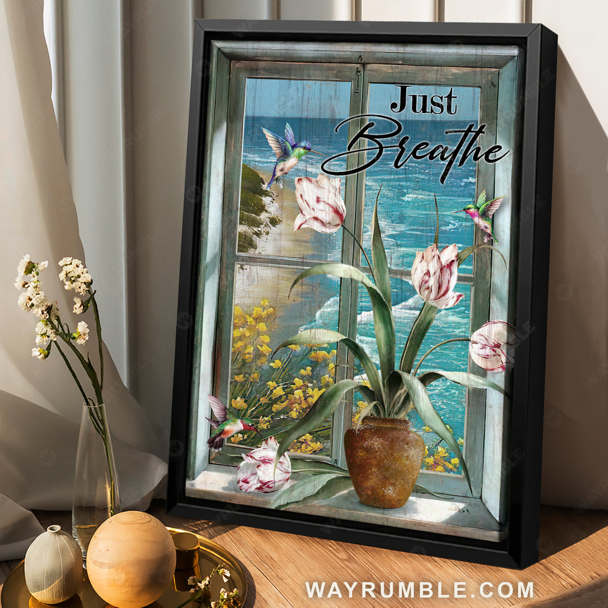 Beautiful flower vase, Blue ocean, Sunny day, Hummingbird, Just breathe - Jesus Portrait Canvas Prints, Christian Wall Art