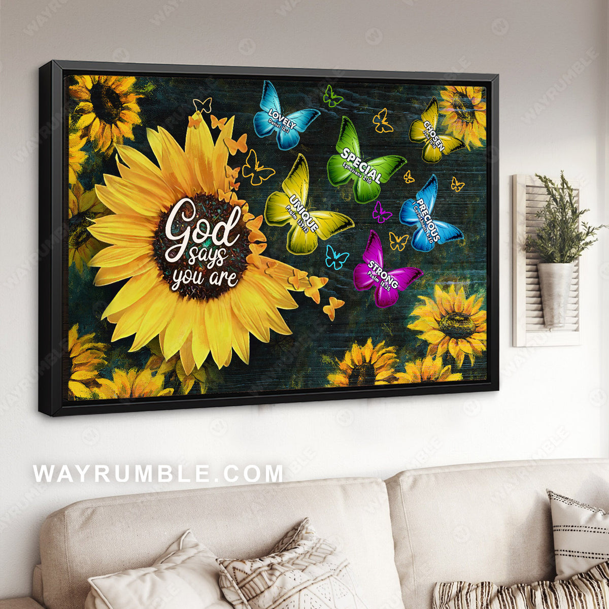 Sunflower painting, Colorful butterfly, Dark blue background, God says you are - Jesus Landscape Canvas Prints, Christian Wall Art