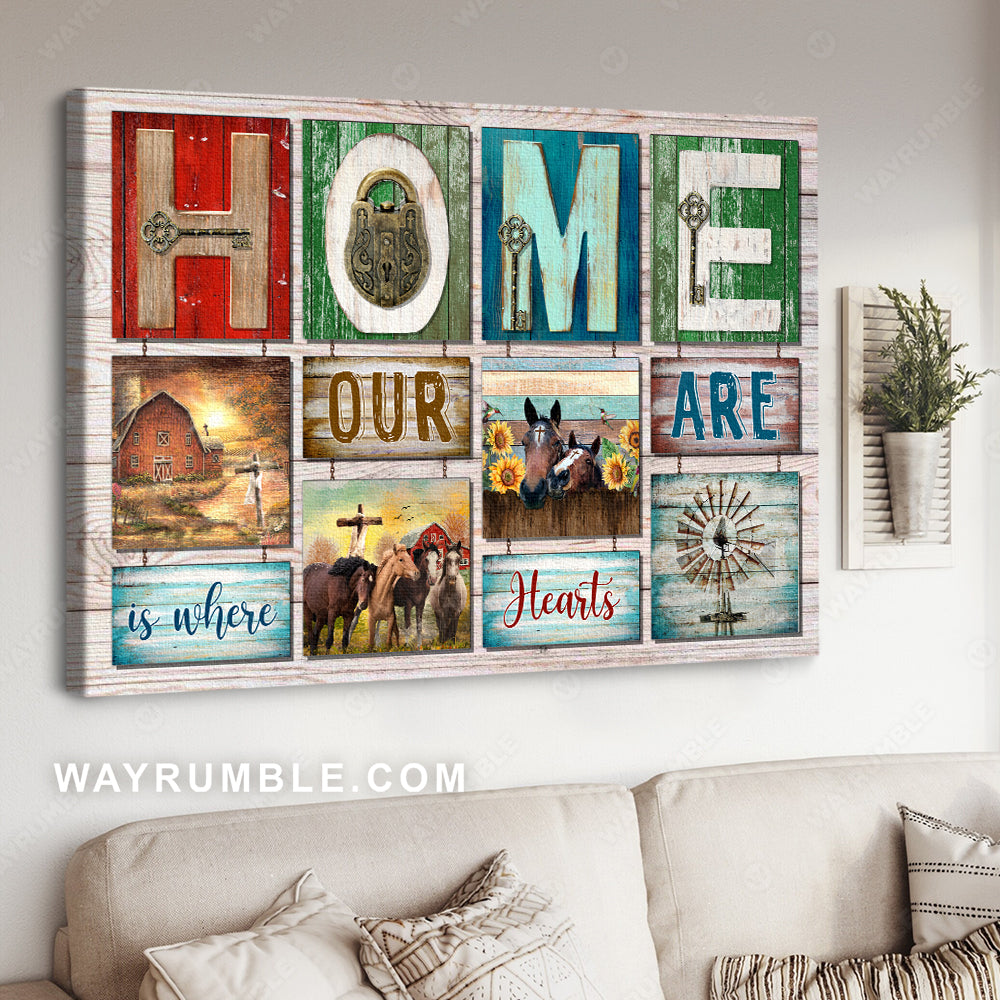 Running horses, Golden key, Farm drawing, Home is where our hearts are - Jesus Landscape Canvas Prints, Christian Wall Art