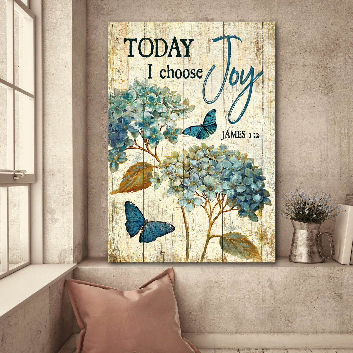 Hydrangea painting, Blue butterfly, Today I choose joy - Jesus Portrait Canvas Prints, Wall Art